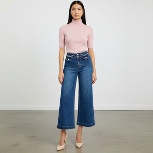 1198 • High Rise Wide Leg Crop Length Stretch Rose Gold Chain Detail Jeans